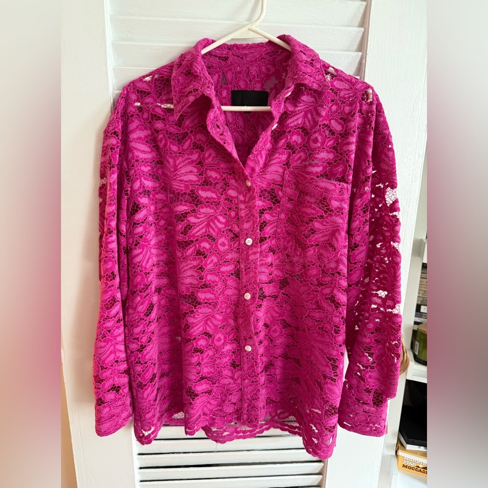No. 6 Vibrant Pink Lace Button-Up Blouse